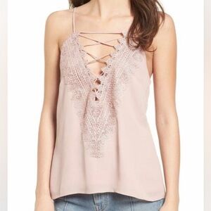 WAYF Posie Tank Top Medium Taupe Lace Up V-Neck Cami Boho Festival Romantic